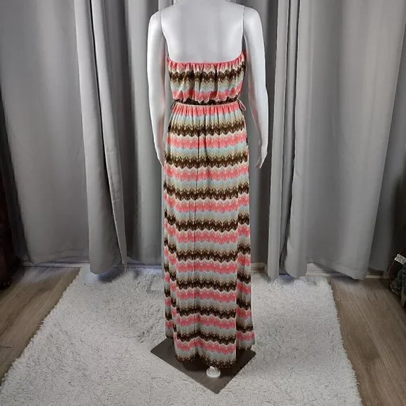 Rue 21 Women's Coral & Brown Geo Stripe Strapless Maxi Dress Size L - Picture 3 of 11